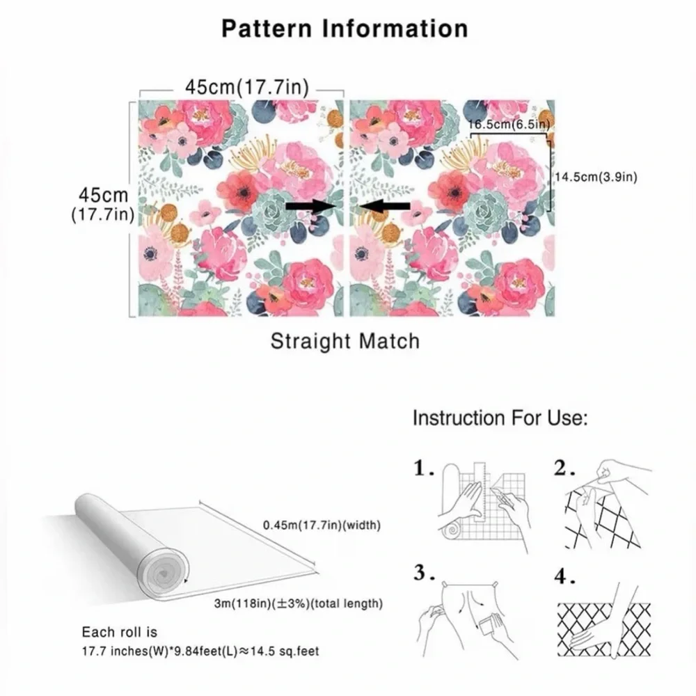 NEW Peel & Stick Wallpaper Removable Floral Vinyl Self Adhesive 17.7”x9.84”